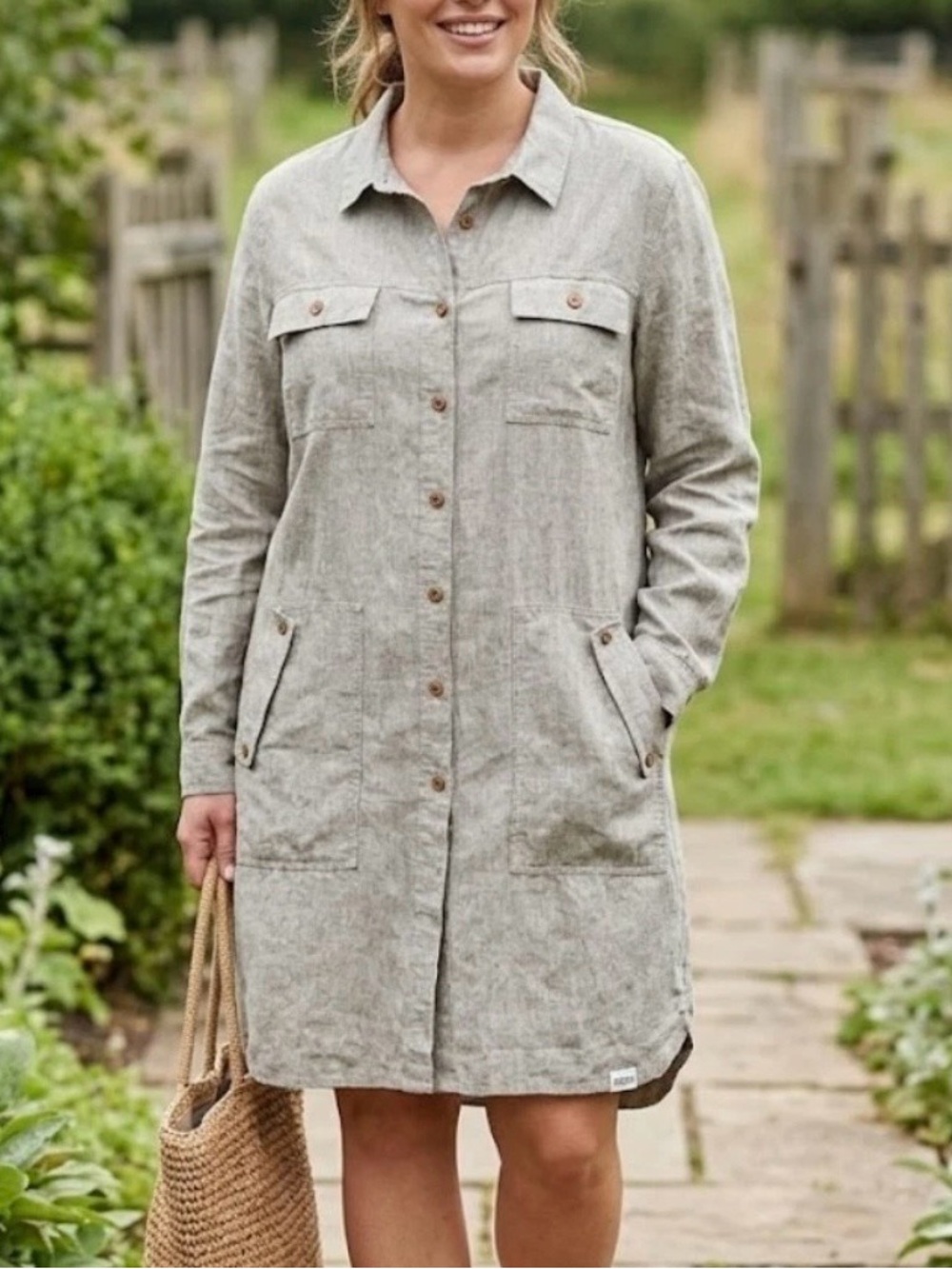 DULUTH TRADING CO. Casual Granola Outdoor Artisan Hemp Lt. Olive Duster/Dress L